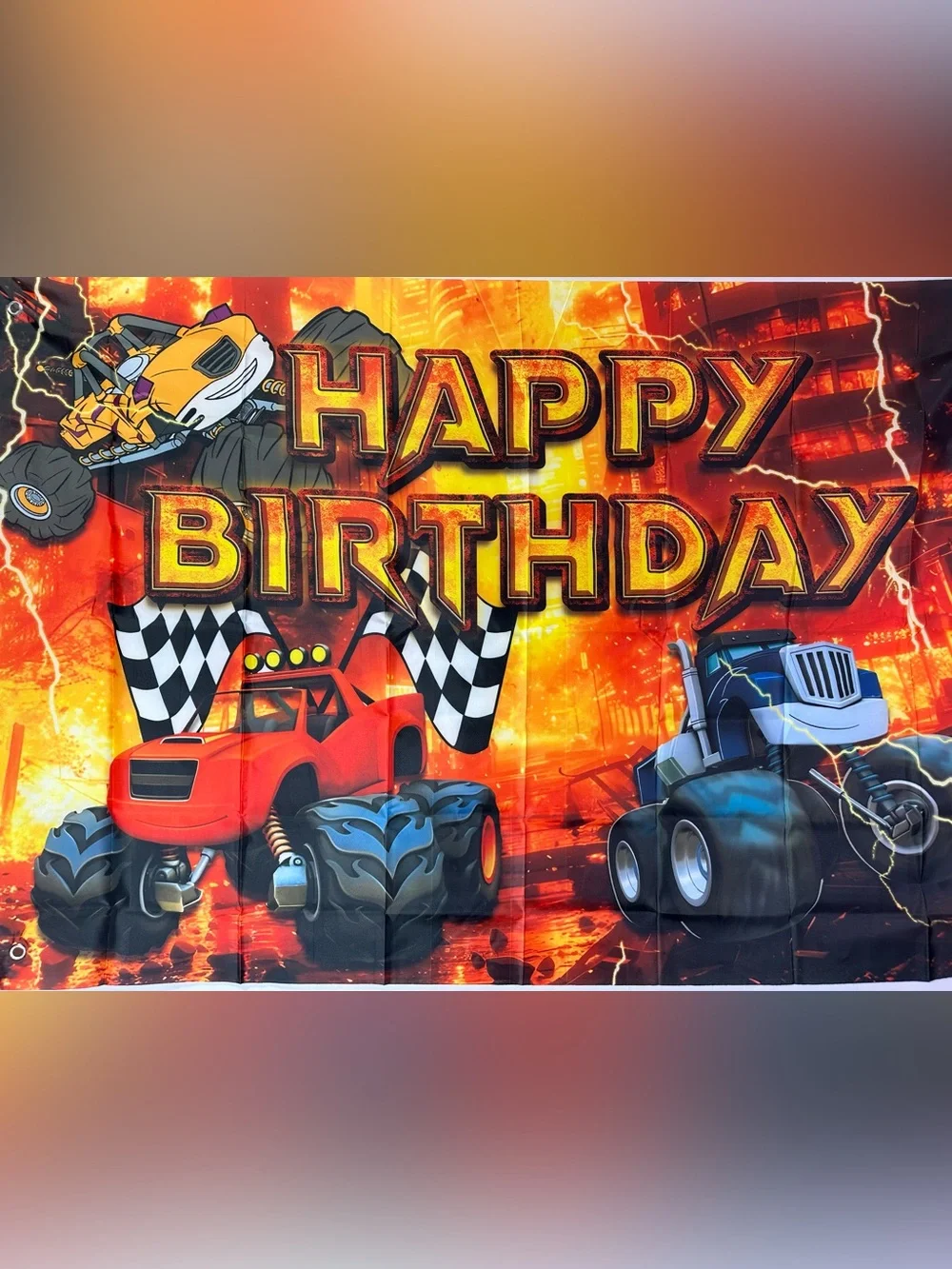 Monster Trucks Happy Birthday Backdrop Banner 5x3Ft